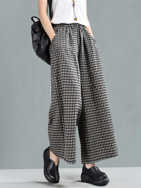 Leisure Ramie Cotton Plaid Wide-leg Pants