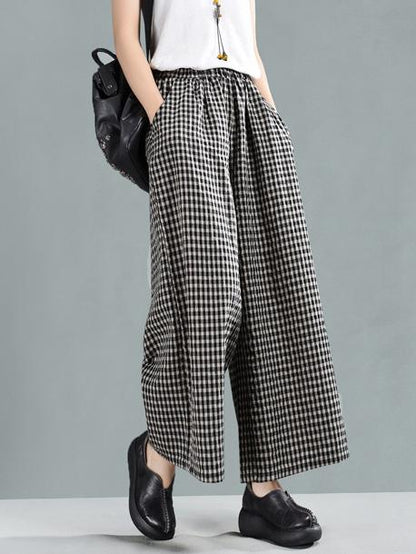 Leisure Ramie Cotton Plaid Wide-leg Pants