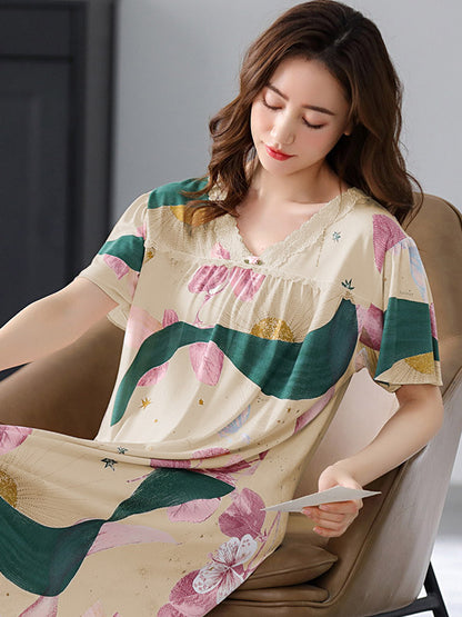 Comfortable Printing Lace Split-Joint  Round-Neck Pajama Dress