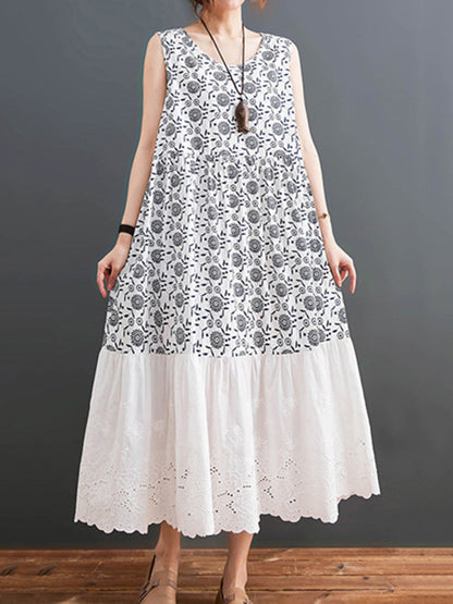 Loose Ramie Cotton National Printed Split-Joint Hollow Pleated Round-Neck Sleeveless Midi Dress