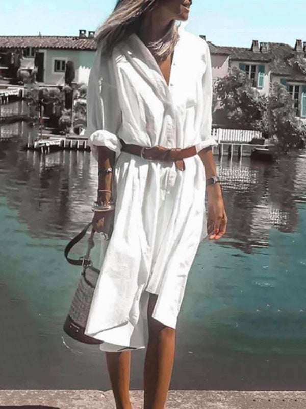 Urban Solid Color Split-Side Long Sleeves V-Neck Shirt Midi Dress