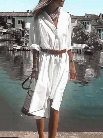 Urban Solid Color Split-Side Long Sleeves V-Neck Shirt Midi Dress