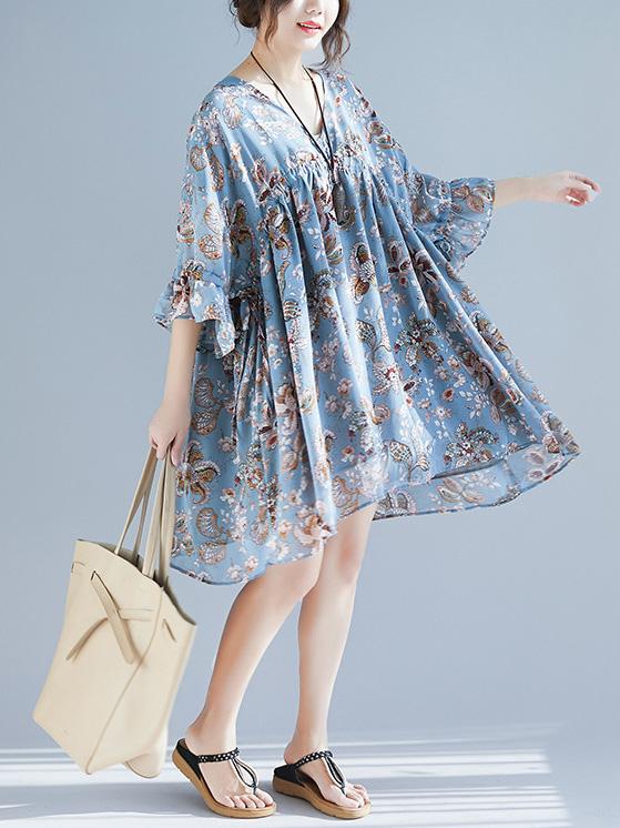 V-neck Fresh Loose Plus Size Floral Mini Dresses