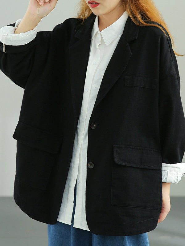 Simple Solid Color Buttoned Notched Collar Batwing Sleeve Outerwear