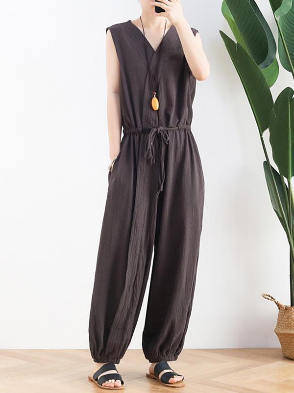 Original Solid Elasticity V-Meck Jumpsuits