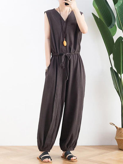 Original Solid Elasticity V-Meck Jumpsuits