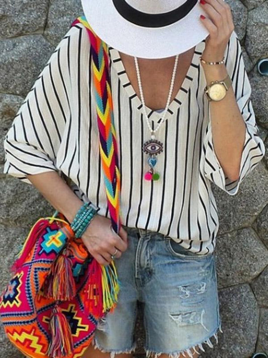 Casual V-neck Loose Striped T-shirt