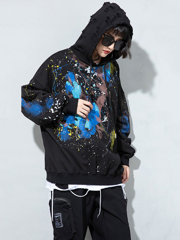 Fashion Printed Split-Joint Drawstring Hoodies Top