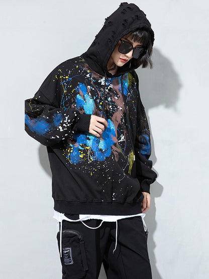 Fashion Printed Split-Joint Drawstring Hoodies Top
