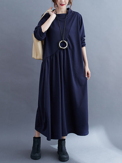 Simple Solid Color Asymmetric Split-Joint Long Sleeve Midi Dress