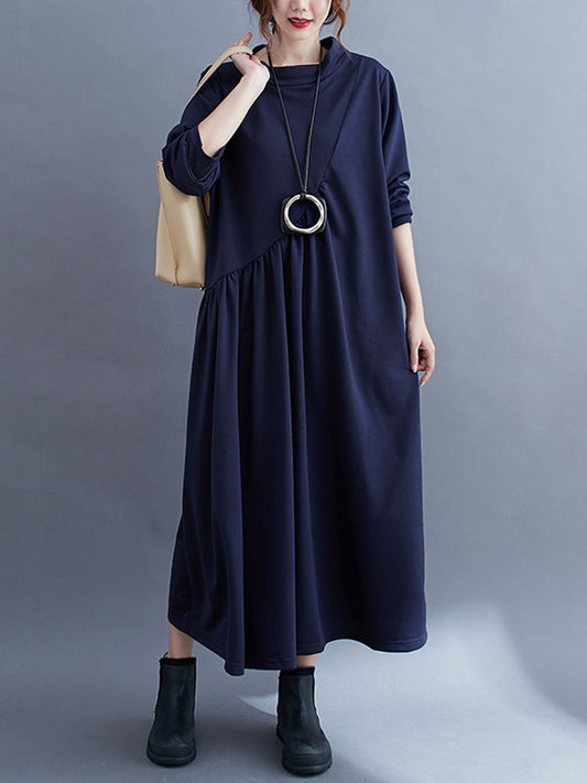 Simple Solid Color Asymmetric Split-Joint Long Sleeve Midi Dress