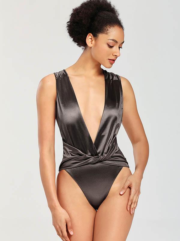 Wet Look Gathered Split Bikini Swimsuit