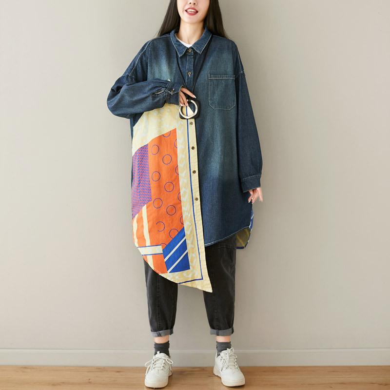 Buykud Personalized Patchwork Asymmetric Loose Denim Shirt