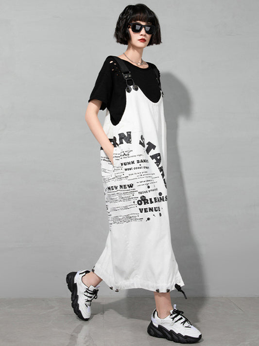 Casual Loose Letter Printed Drawstring Midi Dress