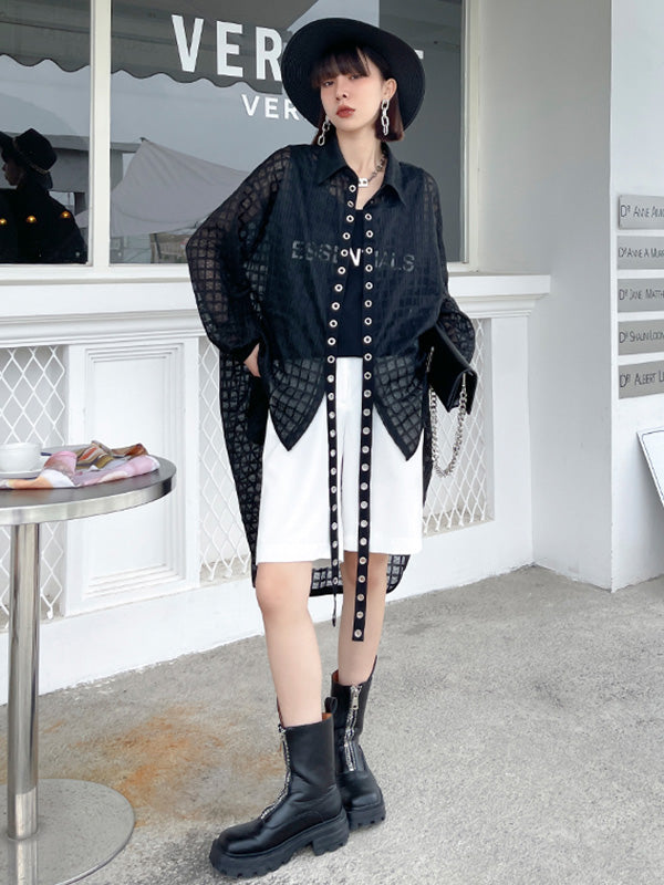 Stylish See-Through Buttoned High-Low Lapel Outerwear