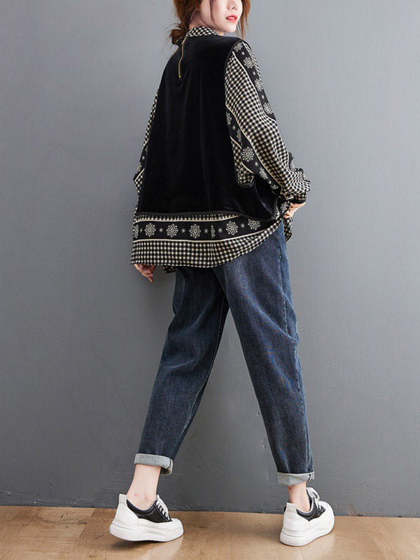 Casual Loose Plaid Floral Printed Lapel Collar Long Sleeves False Two Blouse