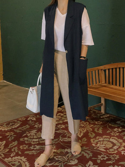 Simple Solid Color Split-Joint With Pocket Linen Notched Collar Vest Outwear