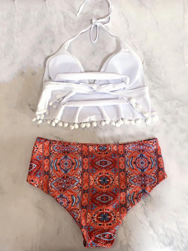 Tasseled Printed Split Bikini Swimsuit