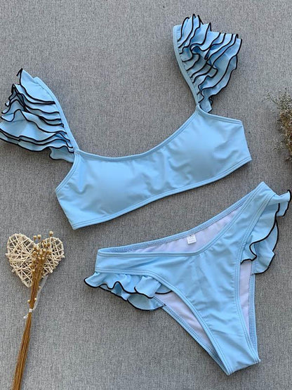 Bandeau Falbala Plain Bikinis Swimwear