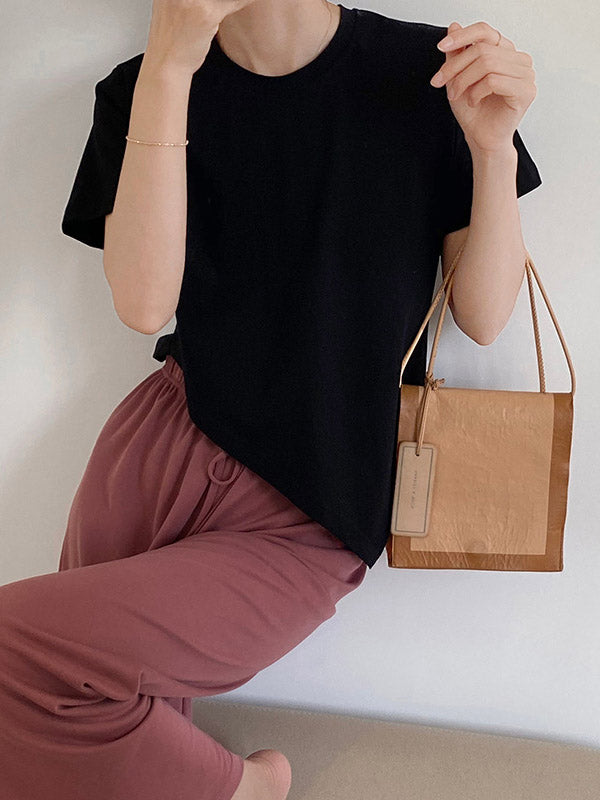 Casual Solid Color Asymmetric Round-Neck Short Sleeves T-Shirt