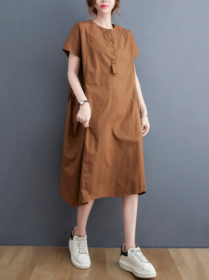 Casual Solid Color Round-Neck With Pocket Midi Dress