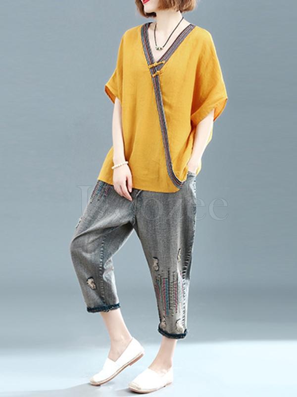 Loose Linen Frog V-neck T-shirt