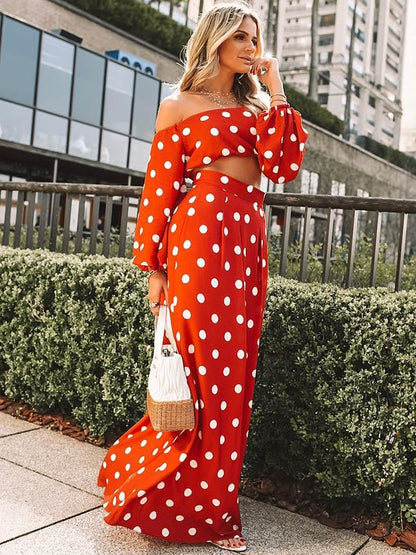 Polka-dot Puff Sleeves Blouses&Skirt Suits