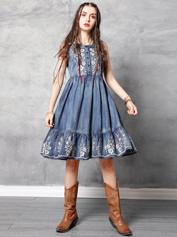 2019 Summer New Vintage Embroidery Falbala  Dress