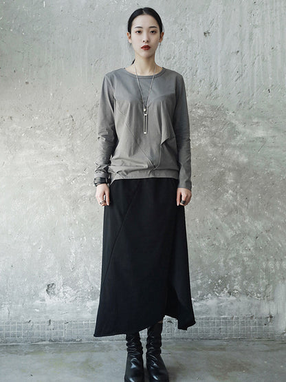 Casual Solid Color Pleated Long Sleeves Round-Neck T-Shirt Tops