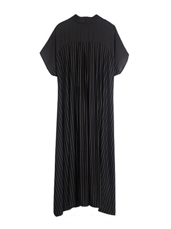 Casual Loose Solid Color Pleated Tied V-Neck Short Sleeves Midi Dress
