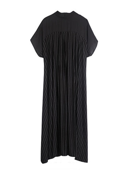Casual Loose Solid Color Pleated Tied V-Neck Short Sleeves Midi Dress