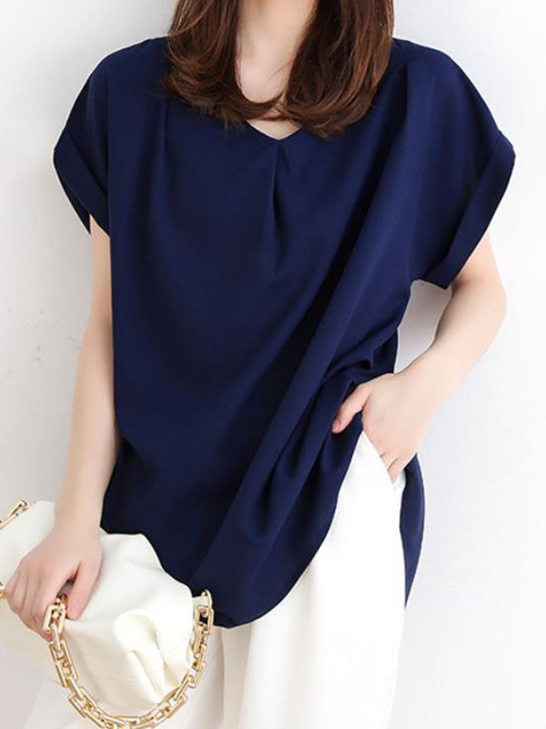 Simple Solid Color Pleated Round-Neck Short Sleeves T-Shirt