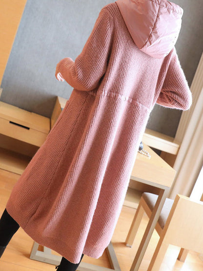 Casual Loose Solid Color Split-Joint With Pocket Buttoned Drawstring Hooded Long Sleeves Knitted Cardigan Outwear