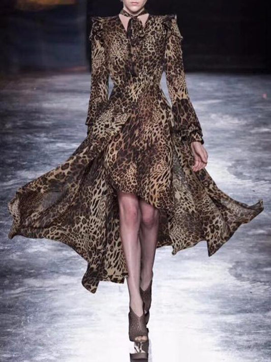 V-neck Chiffon Irregular Leopard Printed Maxi Dress