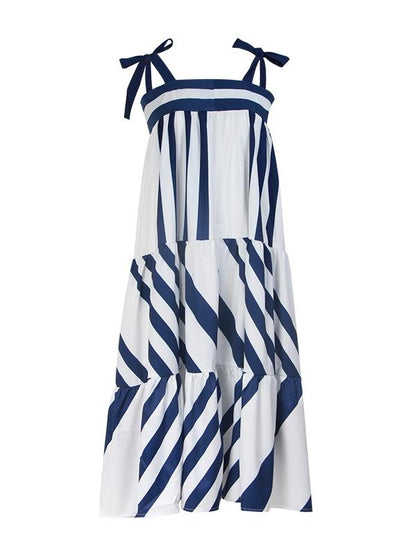 Striped Block Color Loose High Waist Midi Dress