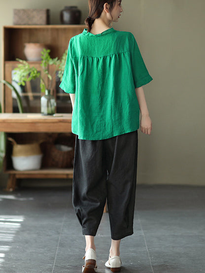 Original Linen Solid Color Half Sleeve T-Shirts Tops