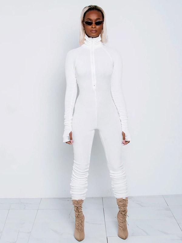 Wrap Long Sleeves High-Neck Zipper Jumpsuits