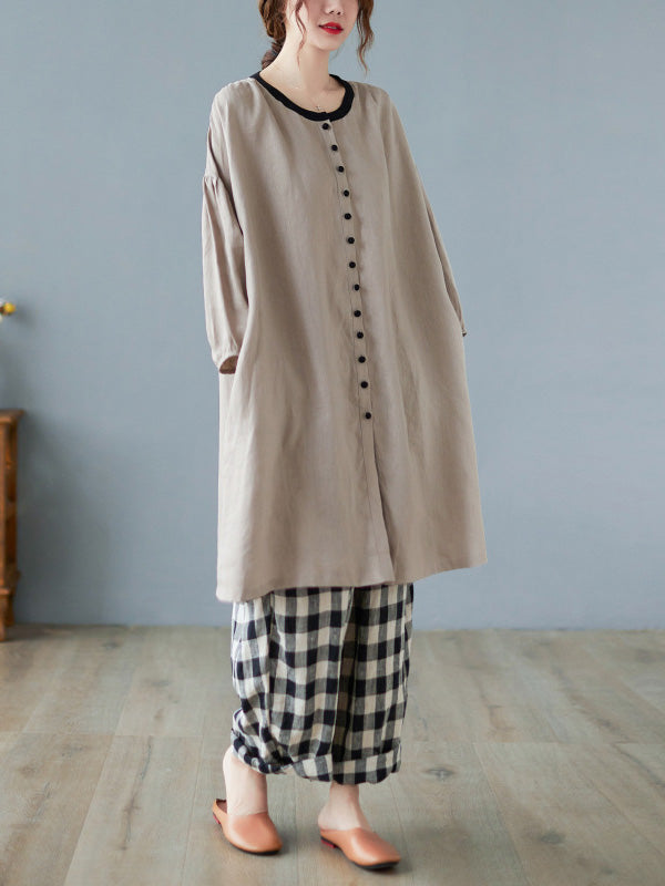 Causal Ramie Cotton Buttoned Round-Neck Long Sleeves Loose Midi Dress