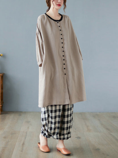 Causal Ramie Cotton Buttoned Round-Neck Long Sleeves Loose Midi Dress