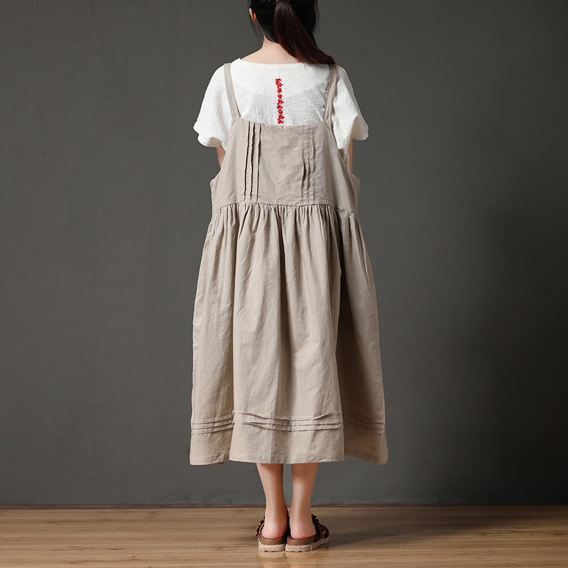 Beige Cotton Linen Loose Women Pleated Casual Dress