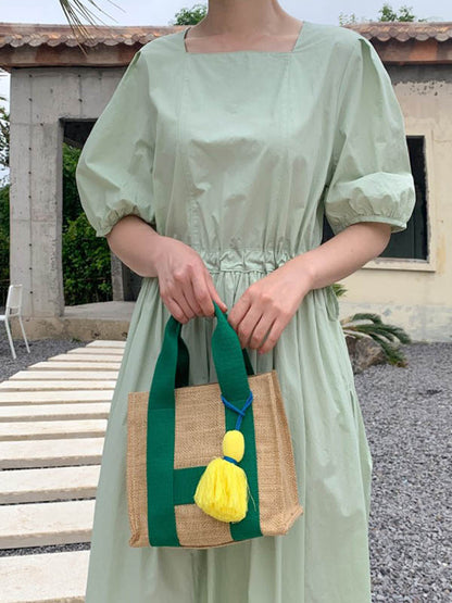 Casual Loose Solid Color Pleated Drawstring Square-Neck Bishop Sleeves Midi Dress