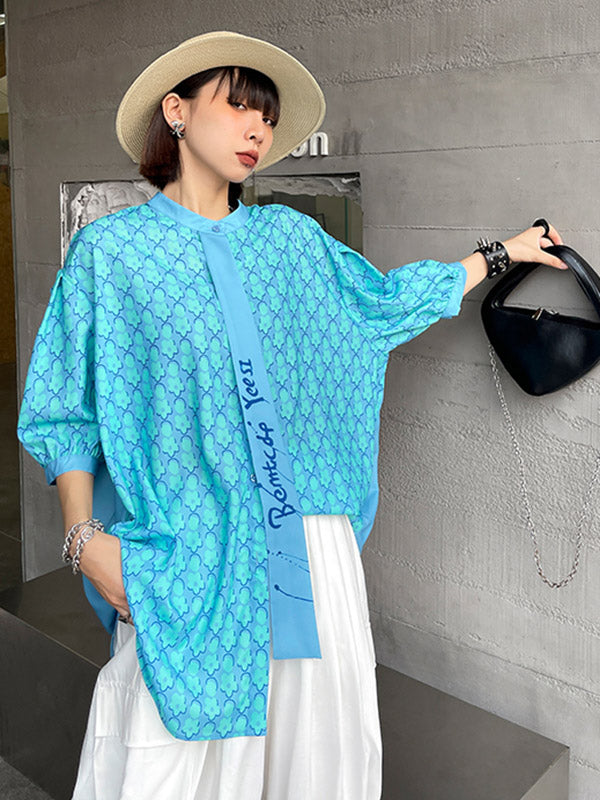 Stylish Split-Joint Printed Stand Collar Tie Short Sleeves Blouses