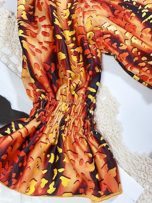 V-Neck Bandage Short Sleeves Printing Bikini Swimsuit