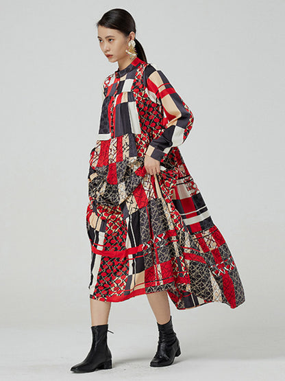 Original Bohemia Pleated Buttoned Stand Collar Long Sleeves Midi Dress