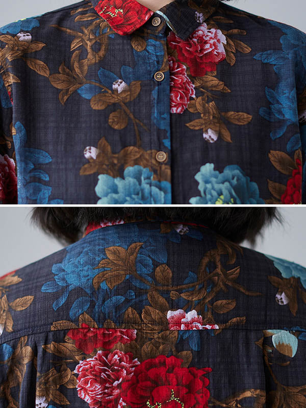 Artistic Retro Floral Printed Buttoned Lapel Collar Long Sleeves Blouse