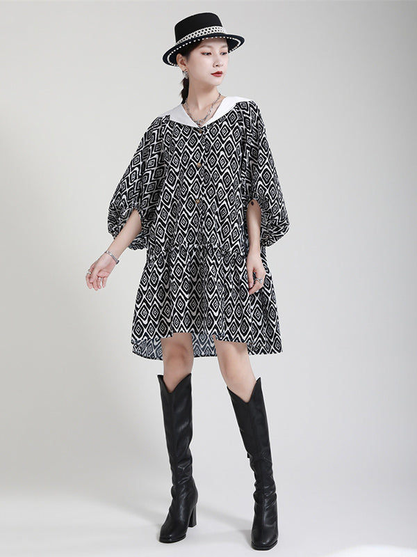 Stylish Printed Buttoned Pleated Falbala Lapel Collar Bishop Sleeves Mini Dress