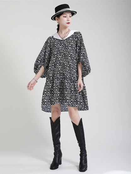Stylish Printed Buttoned Pleated Falbala Lapel Collar Bishop Sleeves Mini Dress