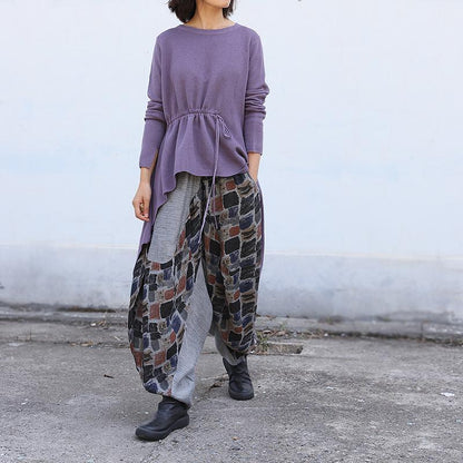 Buykud Spliced Colored Plaid Loose Harem Pants