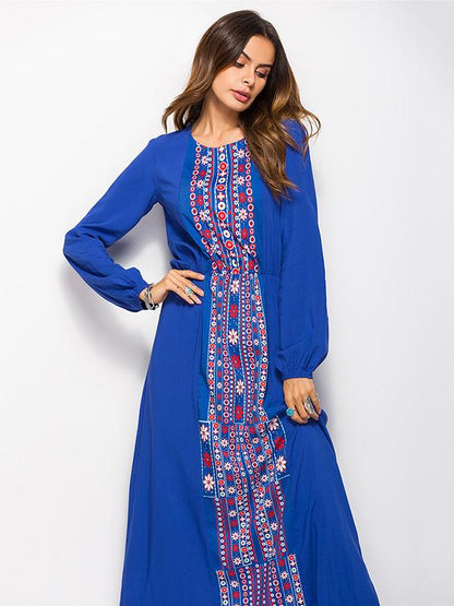 Round-neck Long Sleeves Printed Maxi Dress