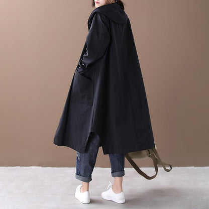 Buykud Loose Single-breasted Solid Color Hooded Windbreaker